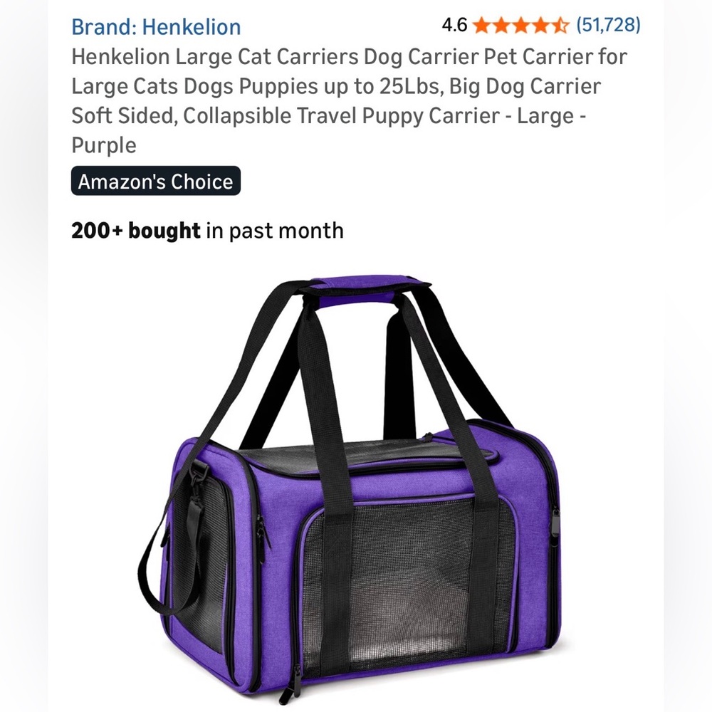 NIP Henkelion Large Pet Carrier (25lbs) Dog/Cat, Travel, 3 Layer, Cozy, Purple